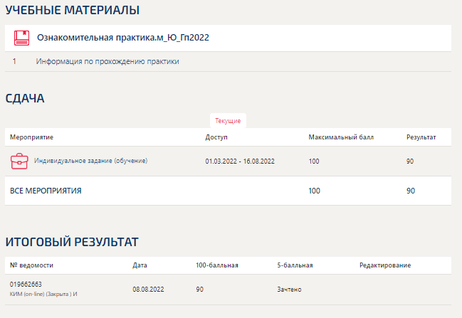 скриншот Результат по сдаче практики 90 баллов на тему Отчет по ознакомительной практике Юриспруденция Синергия магистратура