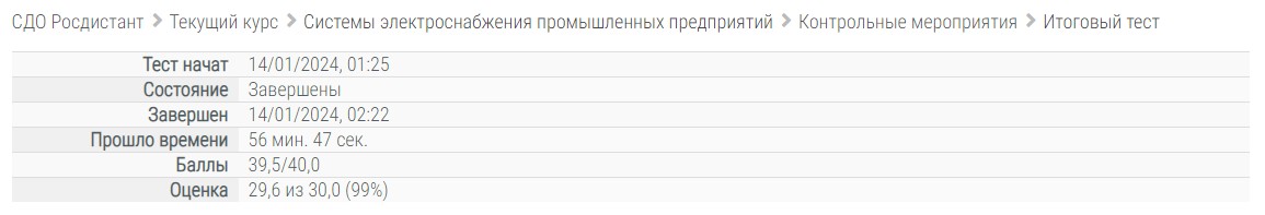 скриншот Скриншот 14.01.24_02.22.58 на тему Системы электроснабжения промышленных предприятий, Итоговый тест, Росдистант