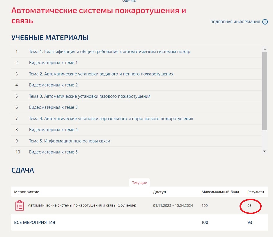 скриншот Результат 93 балла из 100 на тему Автоматические системы пожаротушения и связь (Темы 1-5) тест с ответами Синергия/МОИ/ МТИ /МОСАП