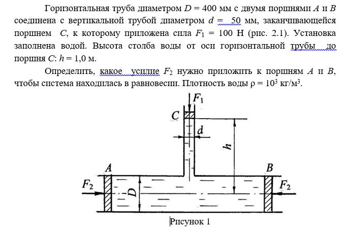 скриншот гидр35 на тему Горизонтальная труба диаметром D = 400 мм с двумя поршнями А и В соединена с вертикальной трубой диаметром d =  50 мм, заканчивающейся поршнем  С, к которому приложена сила F1 = 100 Н (рис. 2.1). Установка заполнена водой.
