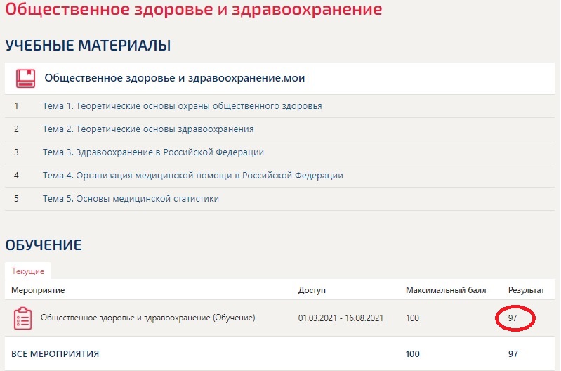 скриншот Оценка 97 баллов из 100 на тему Общественное здоровье и здравоохранение (тест с ответами Синергия)